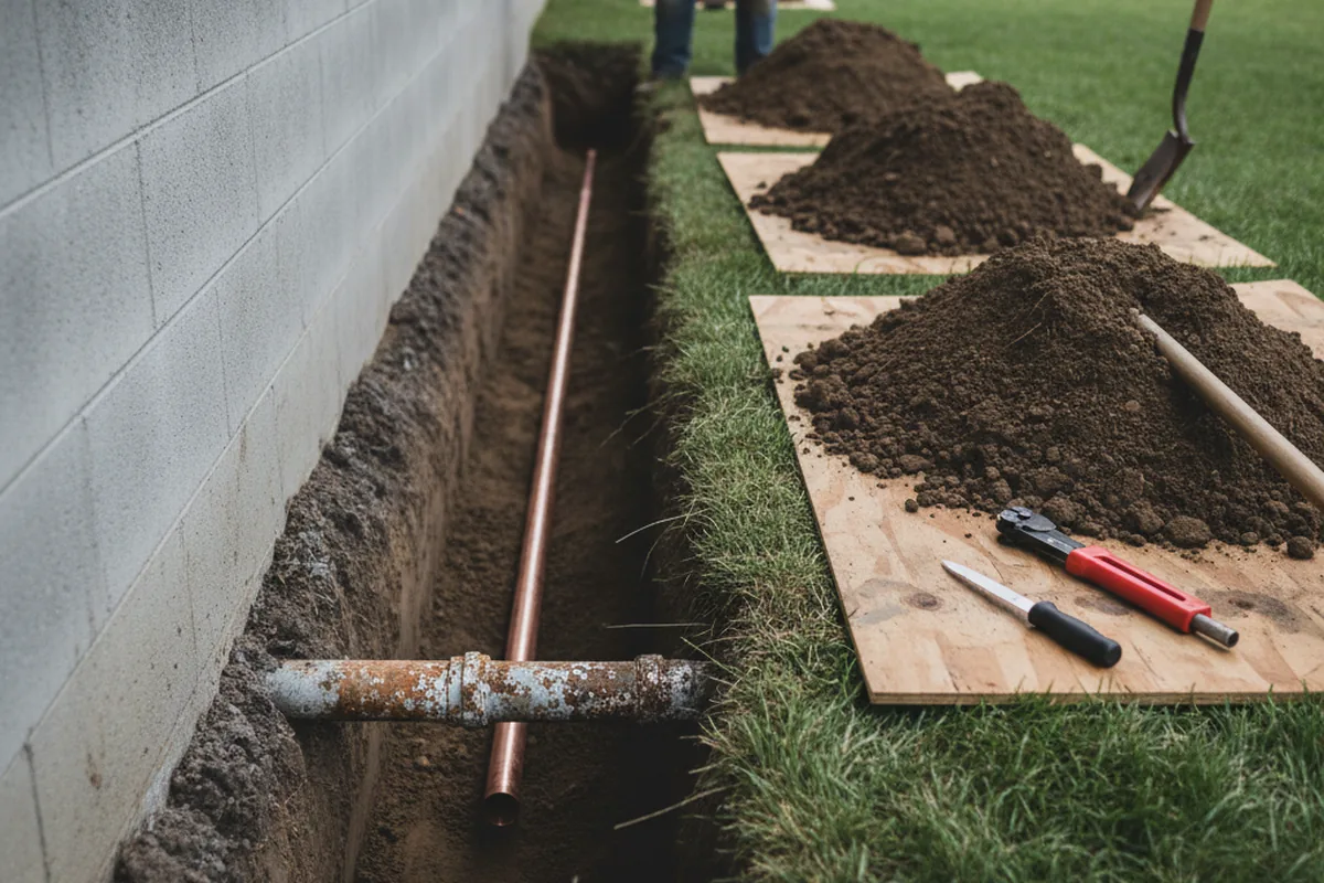 Excavated water line trench during Water Softener Installation in Coalmont